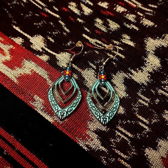 ⚙️3For$30⚙️ [NEW] Boho Western Turquoise Patina Graduated Diamond Beaded Earring - Picture 2 of 2